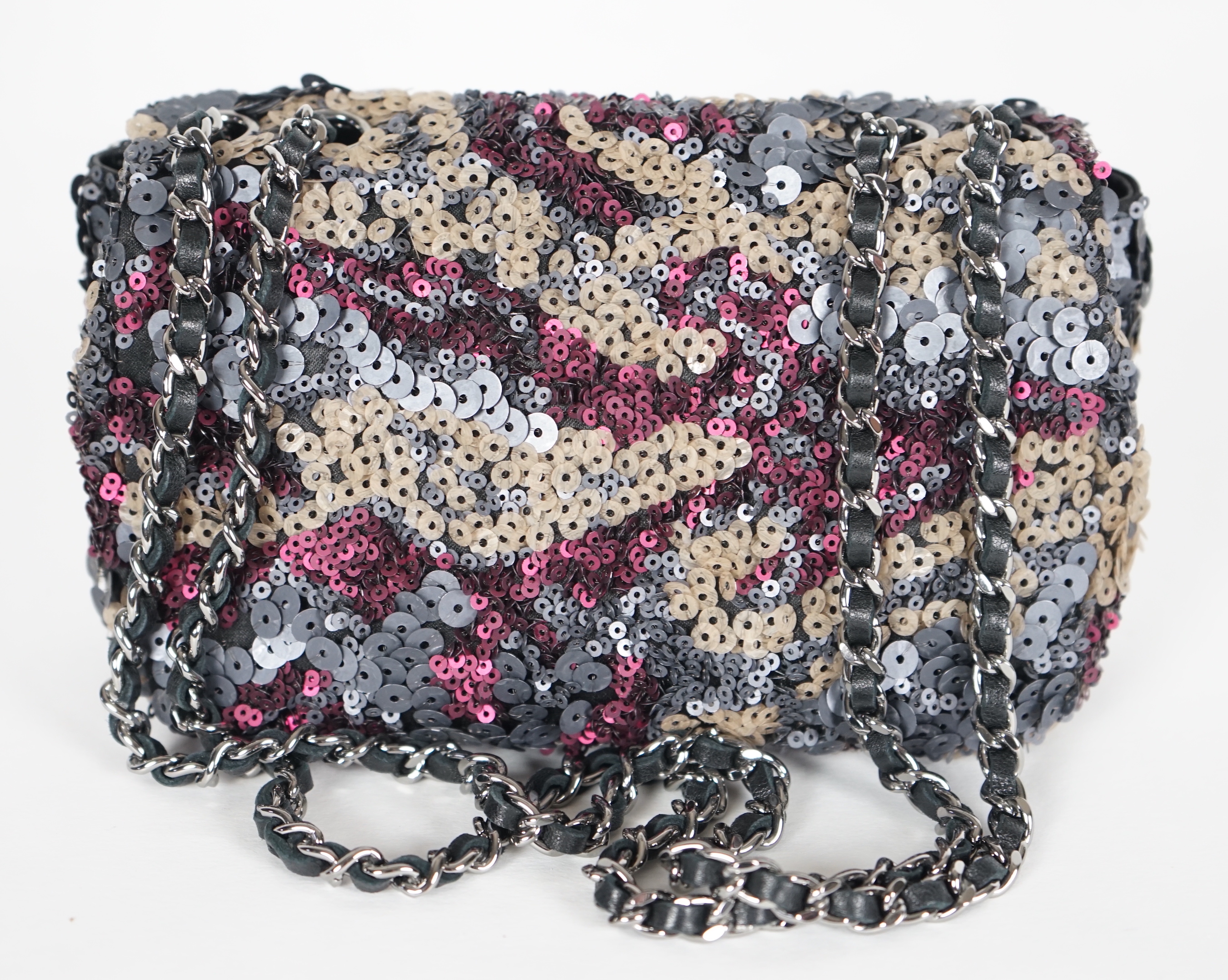 A Chanel 2012 Classique sequined mini shoulder bag, width18cm, height 11cm, height overall 36cm, depth 6.5cm, Please note this lot attracts an additional import tax of 20% on the hammer price